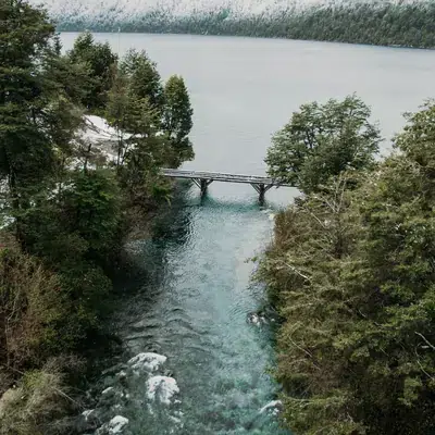 El río Correntoso entre bosque nevado.